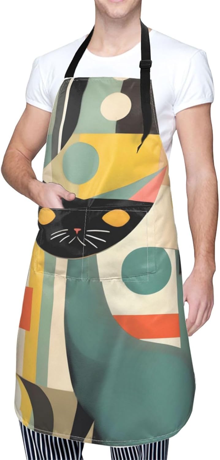 Mid-Century Modern Art Cat print Waterproof apron with pocket adjustab