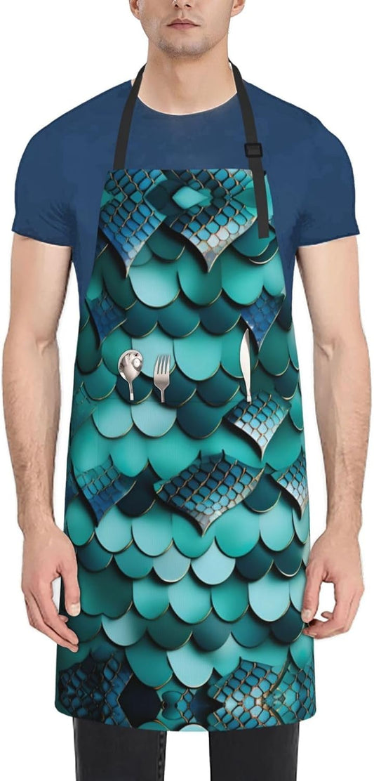 Mermaid fish scale print print Waterproof chef's apron with pocket apron for kitchen cooking baking barbecue and gardening