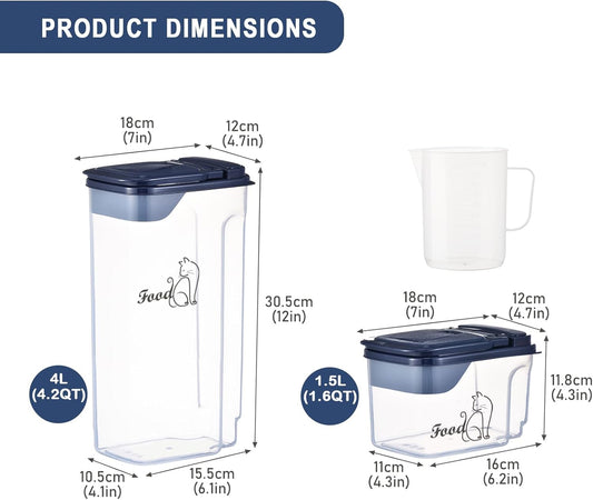 Cat Food Storage Container Combo (4.2QT and 1.6QT),2 Pcs Airtight Pet Food Containers with Pour Spout,Cat Treat Bin with Measuring Cup,Travel Cat Dog Food Container,BPA Free,Easy Grip