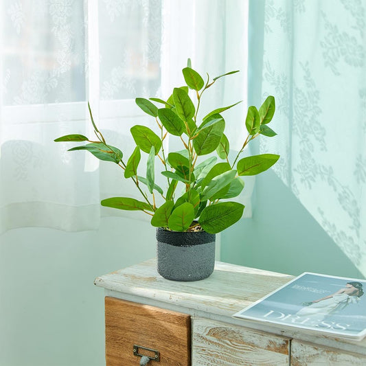 Fake Ficus Plants 14.5 Inches Tall Artificial Ficus Indoor Plants with Green Lifelike Leaves in Black Gray Pot for Home House Outdoor Decor Porch Pots Planter Decorations