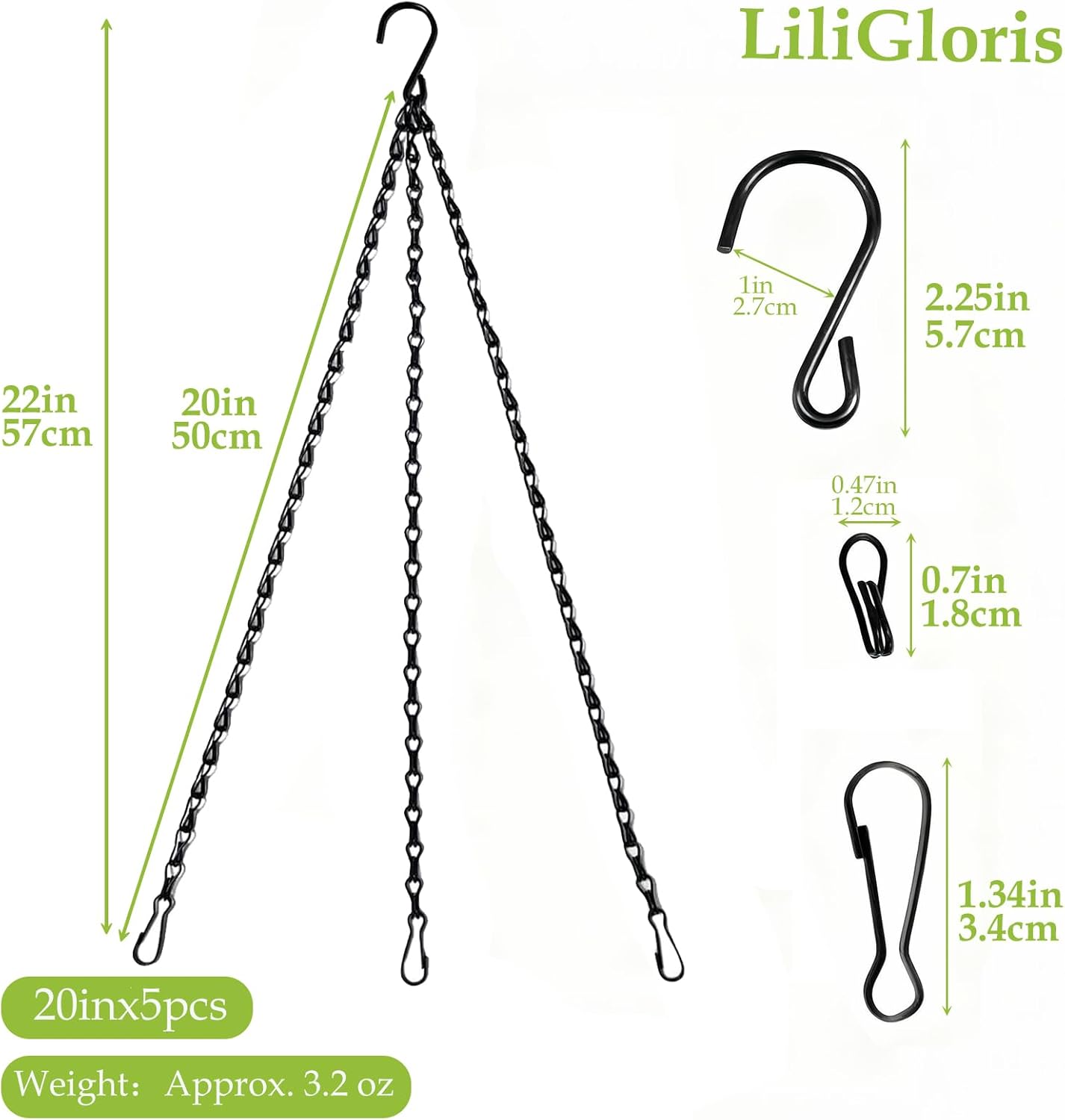 22 Inch Hanging Plant Chains with Clips & Hooks (Pack of 5) – Adjustable Heavy Duty Replacement Chains for Flower Pots, Bird Feeders, Baskets, Lanterns, Wind Chimes, and Indoor/Outdoor