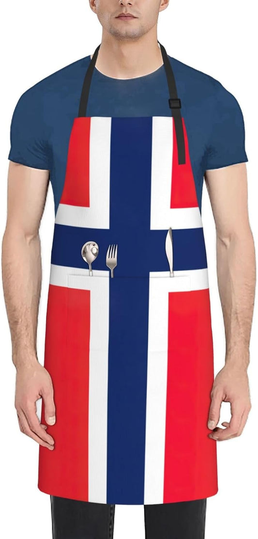 Norwegian flag print Waterproof chef's apron with pocket apron for kitchen cooking baking barbecue and gardening
