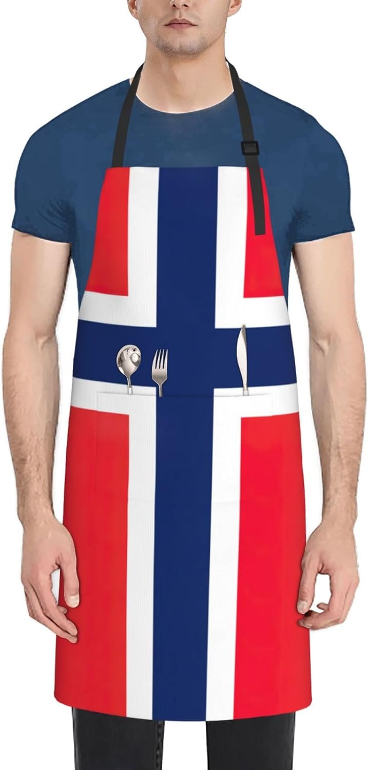 Norwegian flag print Waterproof apron with pocket adjustable cooking a