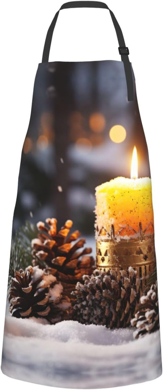 Candle Winter Snow Fir Tree Leaves print Waterproof apron with pocket 