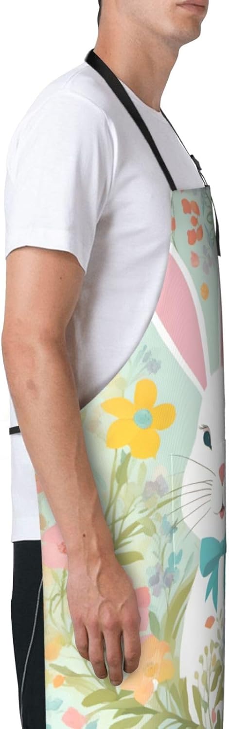 Easter Bunny Floral Print 28 x 33in Waterproof Apron with Pockets Fashionable Versatile Smock for Baking