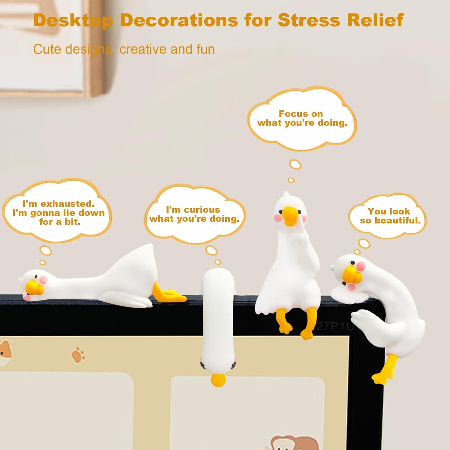 4 PCS Resin Goose Figurine Computer Monitor Decor,Cute Mini Goose Stat