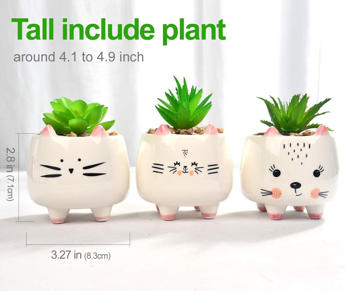 B SEPOR 3 Little Kitty Cats Small Artificial Succulents Potted with White Porcelain Pots Ceramic Animal Planter Gift Set for Home and Office Decor