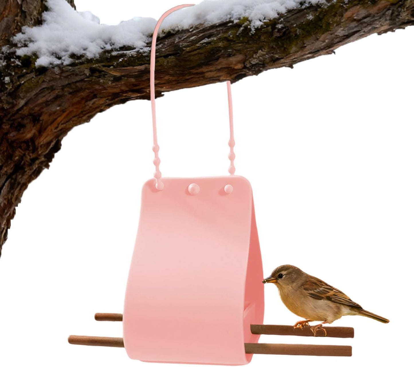 Portable Bird Feeder, Silicone Bowl Bird Feeder, 7 Inch Hanging Dispenser with Wooden Perches, Flexible Silicone Container, Garden Dispenser with Adjustable Strap, Outdoor Container for Decor