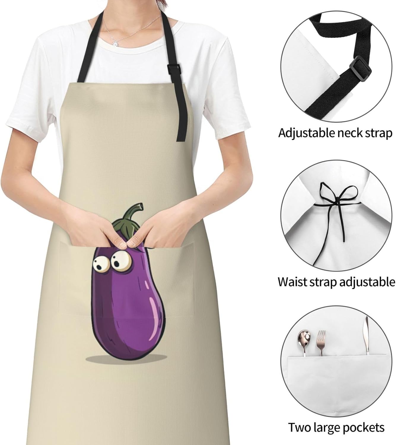 Cartoon Eggplant print Waterproof chef's apron with pocket apron for kitchen cooking baking barbecue and gardening