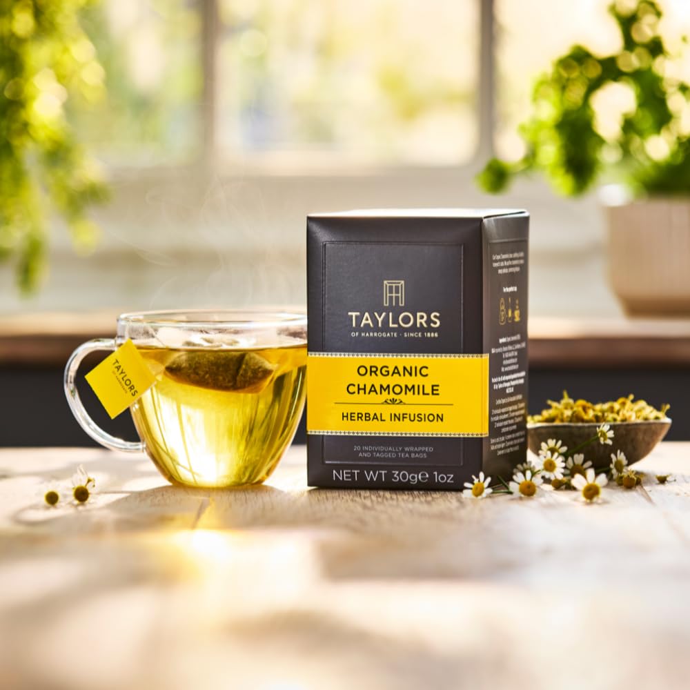 Taylors of Harrogate Organic Chamomile Herbal Tea, Individually Wrapped Bags, 20 Count (Pack of 1), Mellow, Silky & Soft, Caffeine-Free, Enjoy Hot or Iced, 20 Teabags