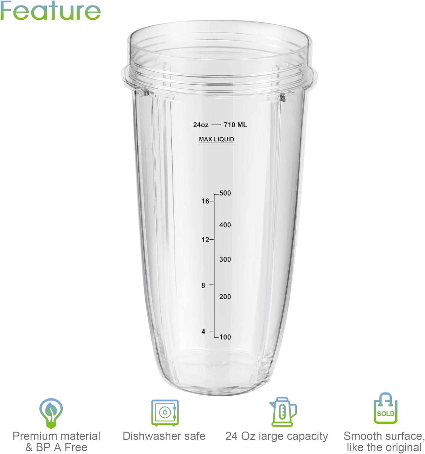 Blender Replacement Parts for Ninja, 24oz Ninja Blender Cups with To-Go Lids, 7 Fins Extractor Blade, Compatible with Nutri Ninja Auto iQ Blenders BL2012 BN801 BL480-30 BL640-30 BL642-30 NN100-30