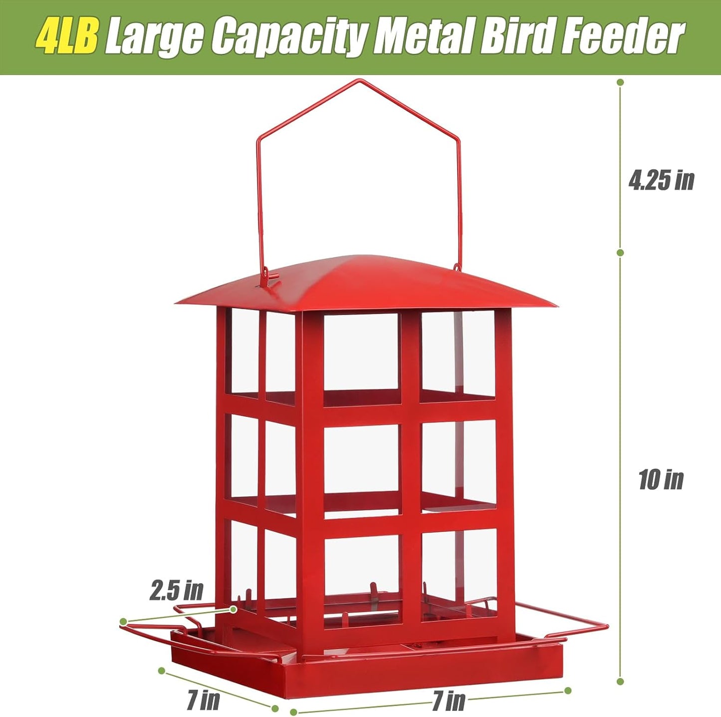 Bird Feeder, Heavy Duty Metal Bird Feeders for Outdoor Hanging, Retro Red House Wild Birdfeeder, Rainproof & Waterproof, 4 LBs Large Capacity