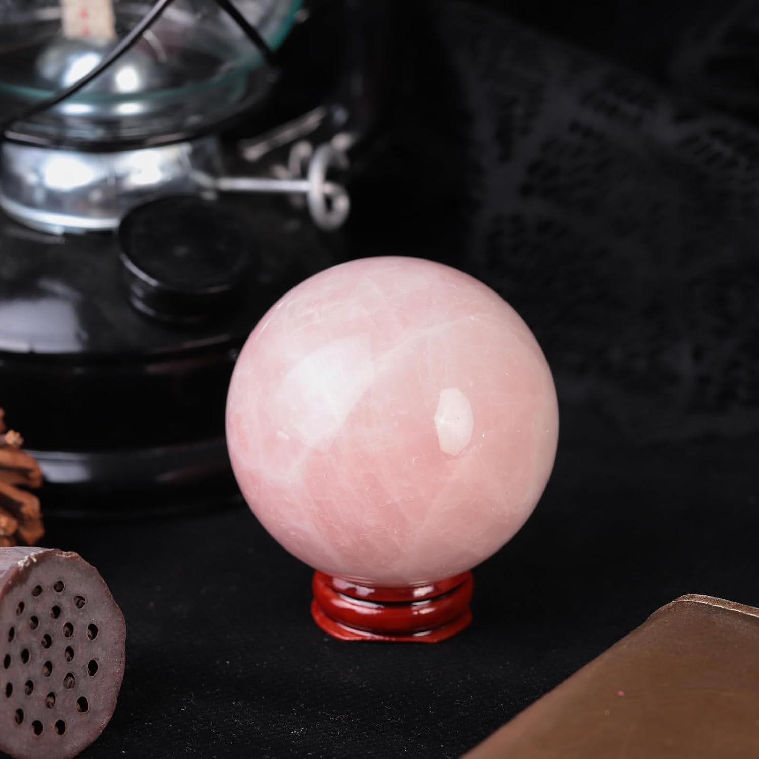 Nupuyai 1.97"-2.17" Natural Rose Quartz Crystal Ball with Wooden Stand