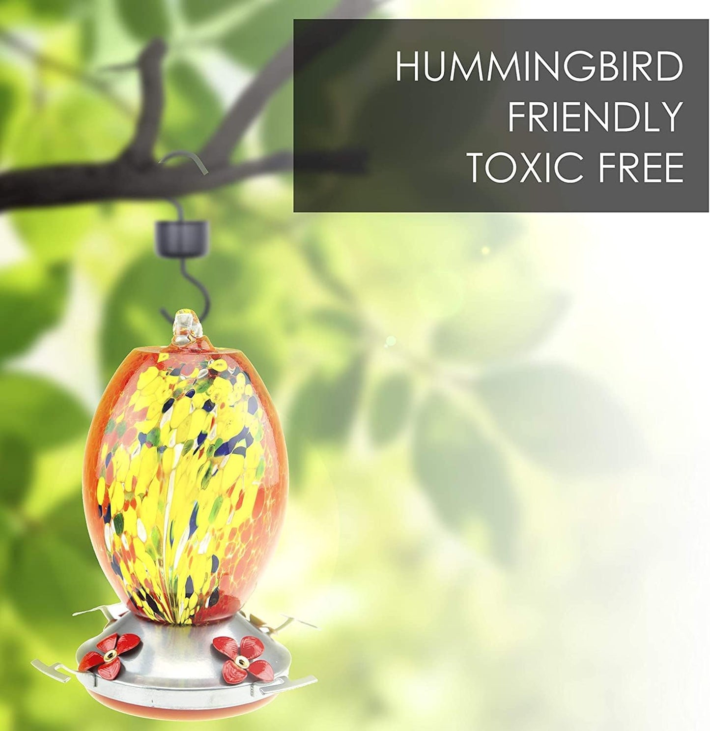 CLEVER GARDEN Hummingbird Feeder with Perch | Hand Blown Flat Glass in Red | 27 Fluid Ounces Humming Bird Nectar Capacity with Hanging Metal Wires and Ant Moat Hook