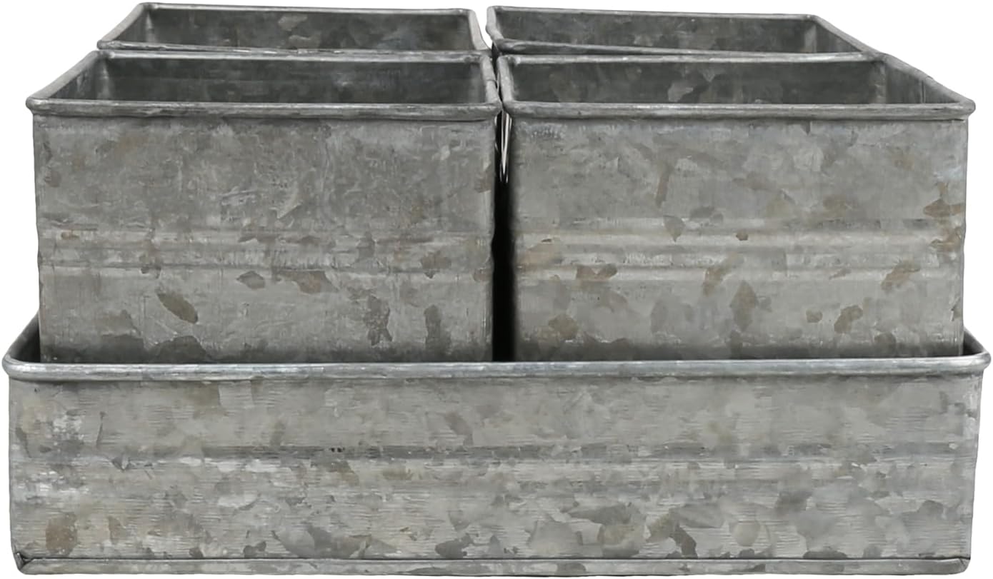 Set of 4 Shabby Chic Small Vintage Vase Farmhouse Flower Planter, Rustic Galvanized Metal Pots with Metal Tray for Kitchen Bathroom Bedroom Table Centerpiece Windowsill Country Indoor Decor