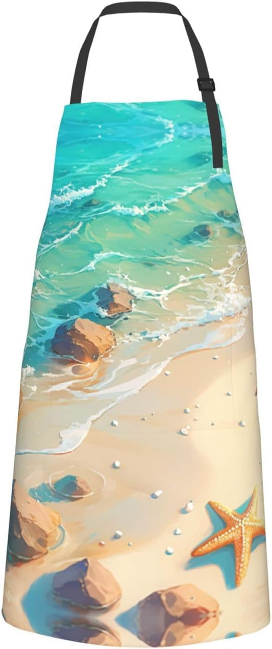 Beach Starfish print Waterproof apron with pocket adjustable cooking apron for adult kitchen bibs to bake