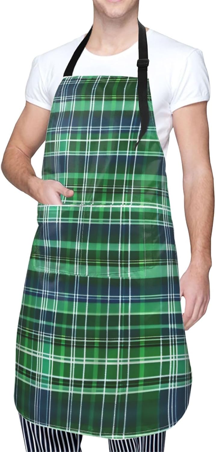 Blue and Green Scottish Tartan print Waterproof apron with pocket adjustable cooking apron for adult kitchen bibs to bake