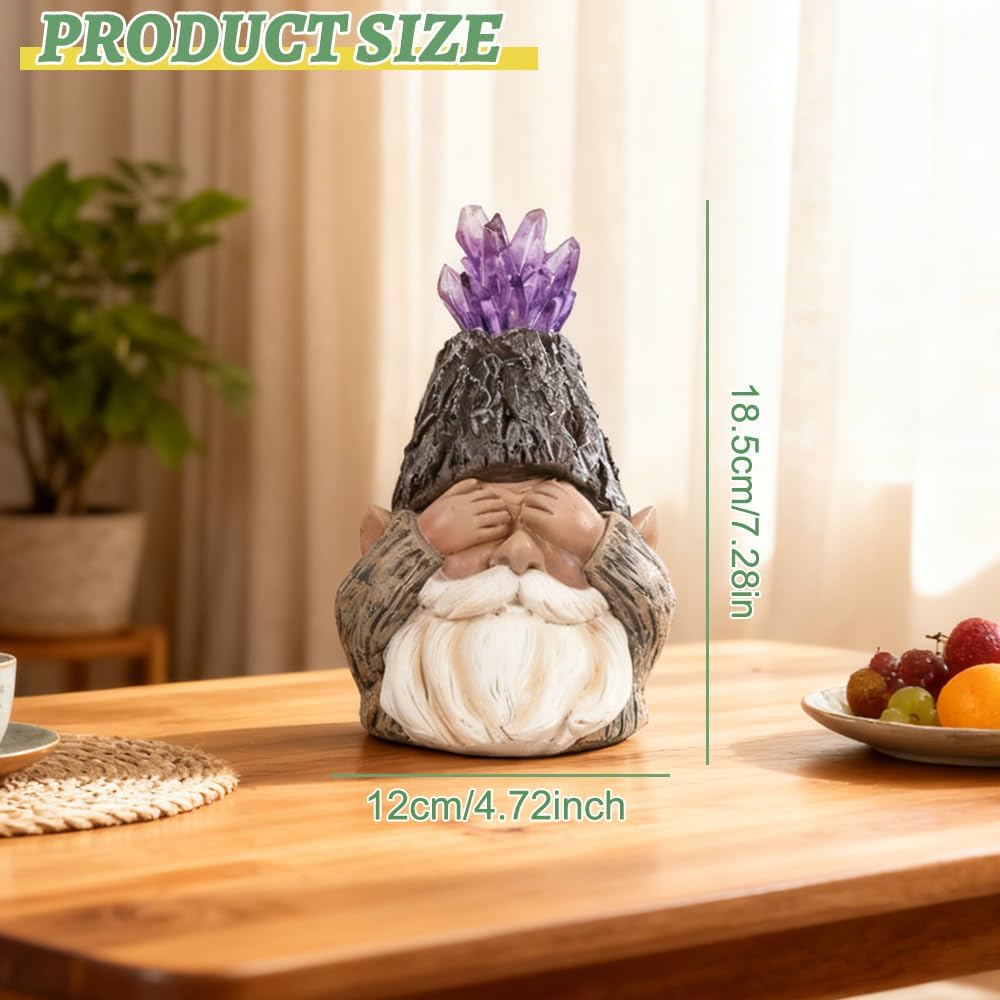 Solar Gnome Statue Decor with LED Solar Light, Handcrafted Resin Garden Amethyst Crystal Gnome Lamp Figurine for Yard Porch Home Decor for Gardeners & Garden Aesthetic Lovers