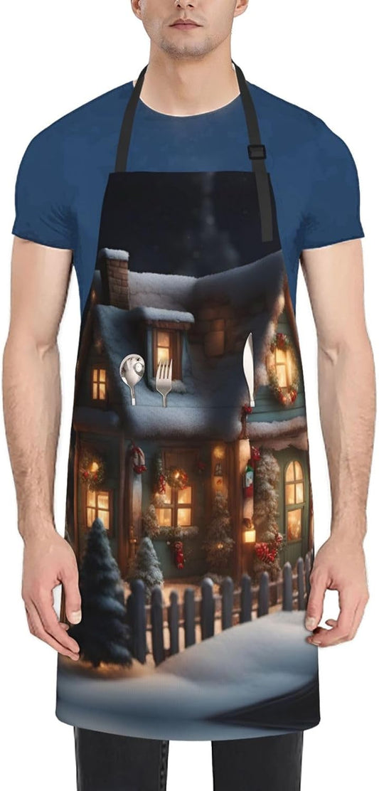 Christmas Village House 4 print Waterproof chef's apron with pocket apron for kitchen cooking baking barbecue and gardening