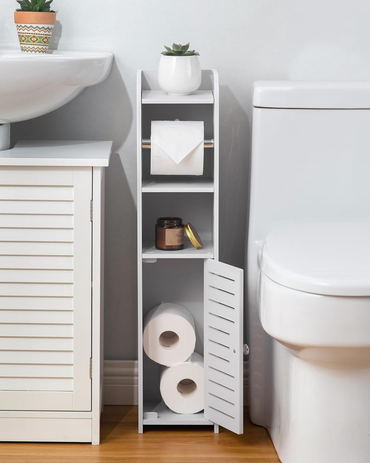 AOJEZOR Toilet Paper Holder Stand: No Drill PVC Small Bathroom Cabinet