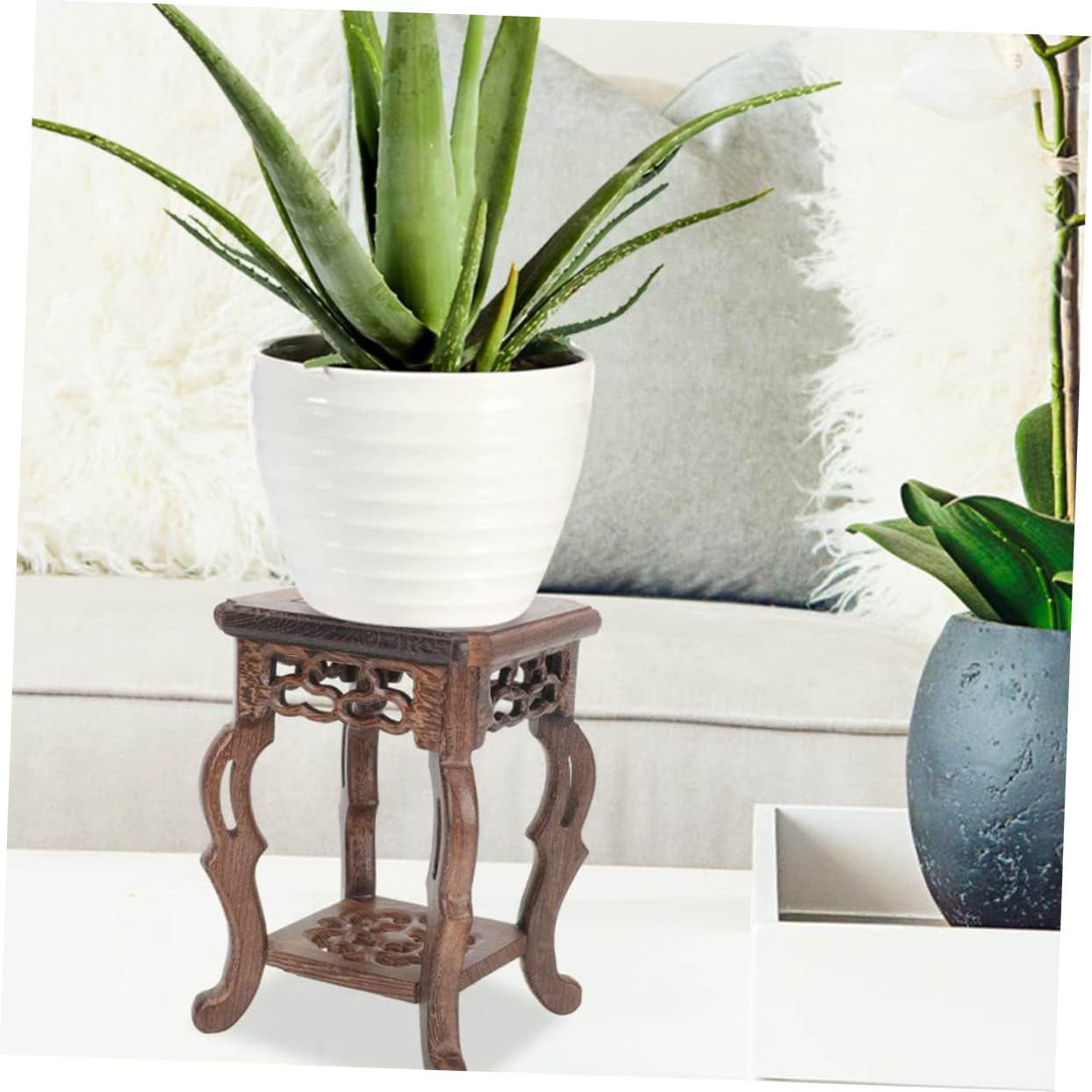 PRETYZOOM Antique Jade Carving Stand Wooden Planter Holder Home Decor Vase Display