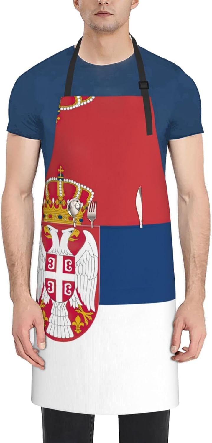 Flag of Serbia Print Laundry apron 28x33 In Waterproof Kitchen Apron with Pockets for Cooking Baking