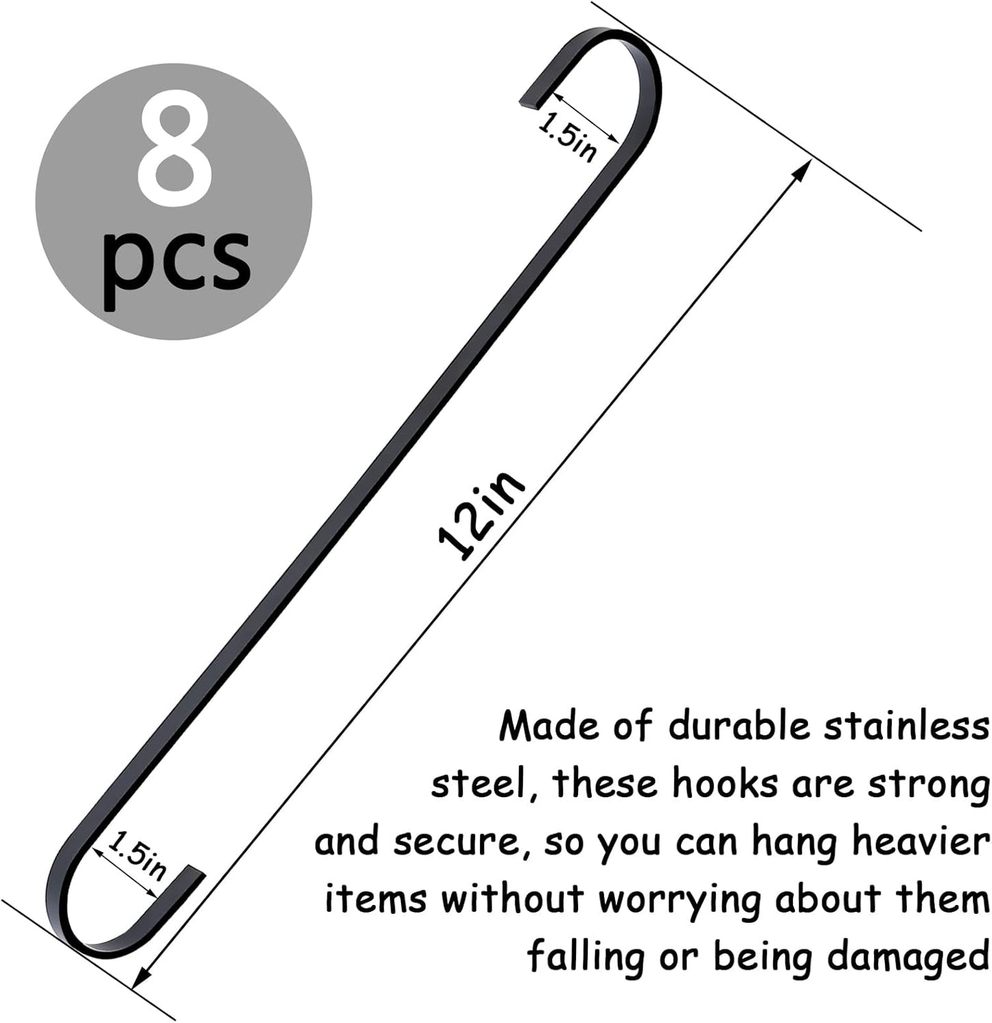 8 Pack 12 Inch Large S Hooks Black Heavy Duty Hooks for Hanging Plants Long Metal Hook Hanger S Shaped Hook for Hanging Closet，Pots and Pans，Basket,Bird Feeders, Garden Indoor Outdoor