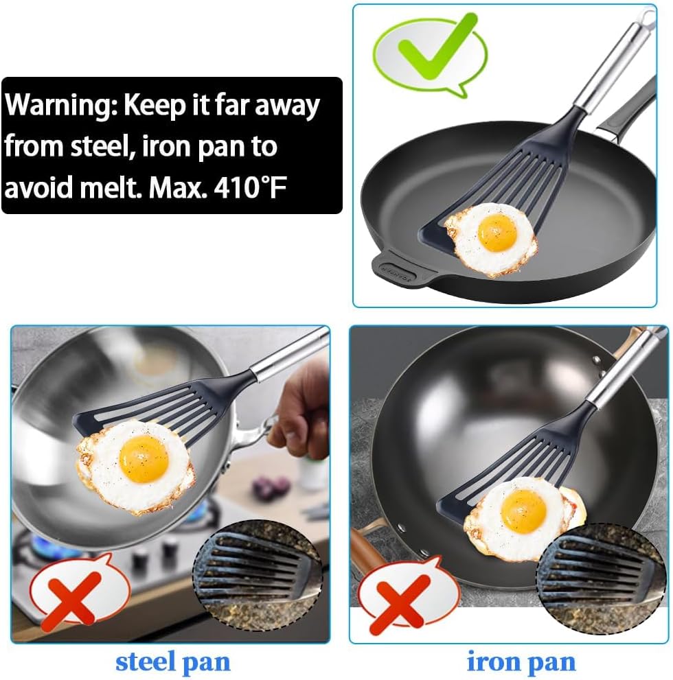 KSENDALO LFGB Certified Nylon Fish Spatula, Slotted Egg Turner for Nonstick Cookware – Flexible Wide Blade Kitchen Flipper for Eggs, Omelets, Pancakes, Dishwasher Safe (Max. 410°F）