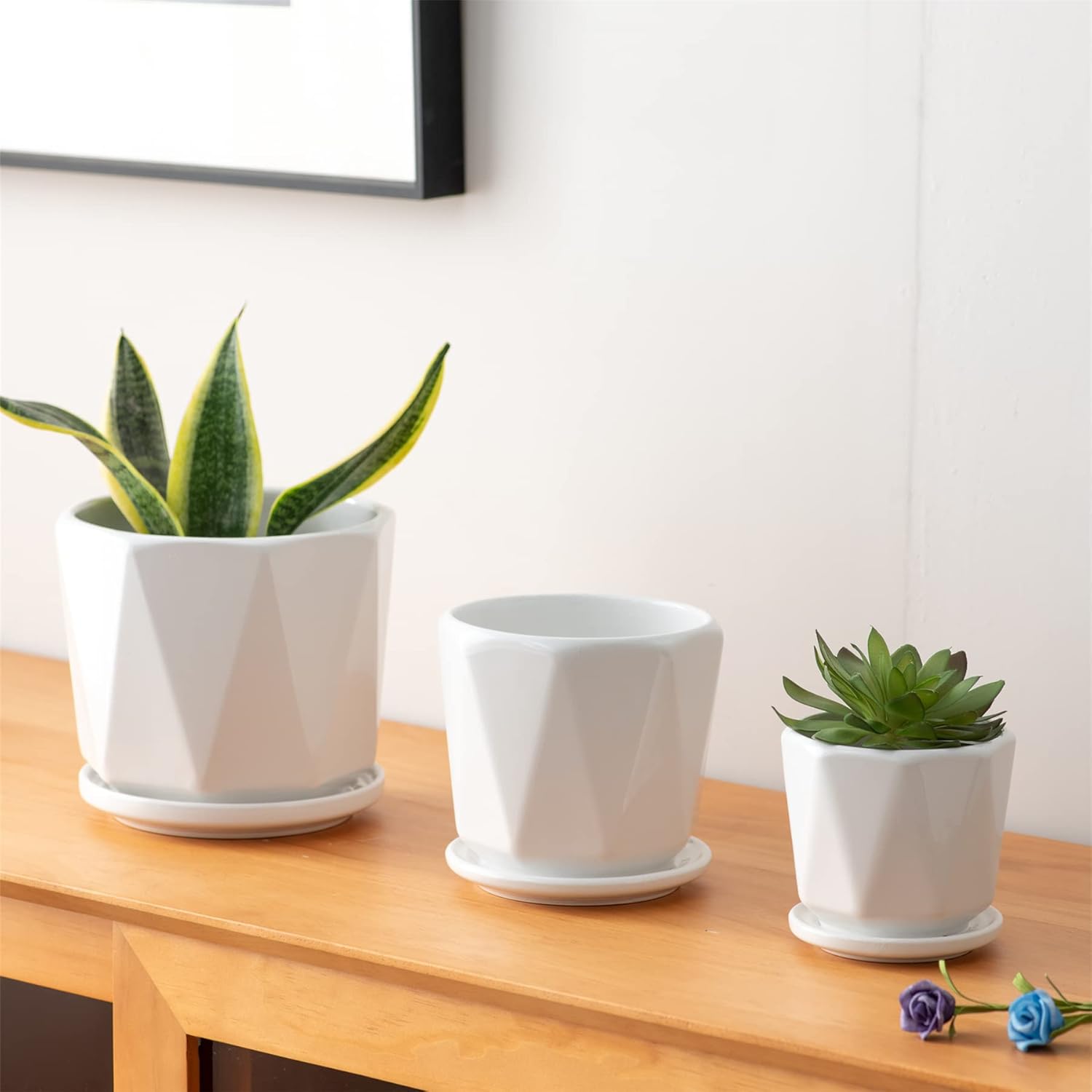Octagon Ceramic Plant Pots - Indoor White Flower Planter Set with Drai