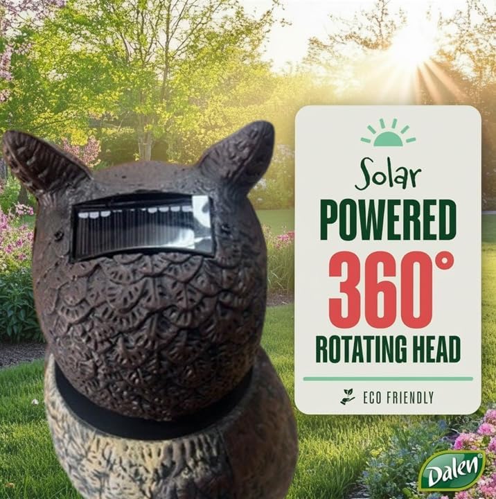 GARDENEER Dalen SOL-R Action Large Solar Fake Owl Decoy to Scare Birds Away - 18" Tall - 360º Rotating Head