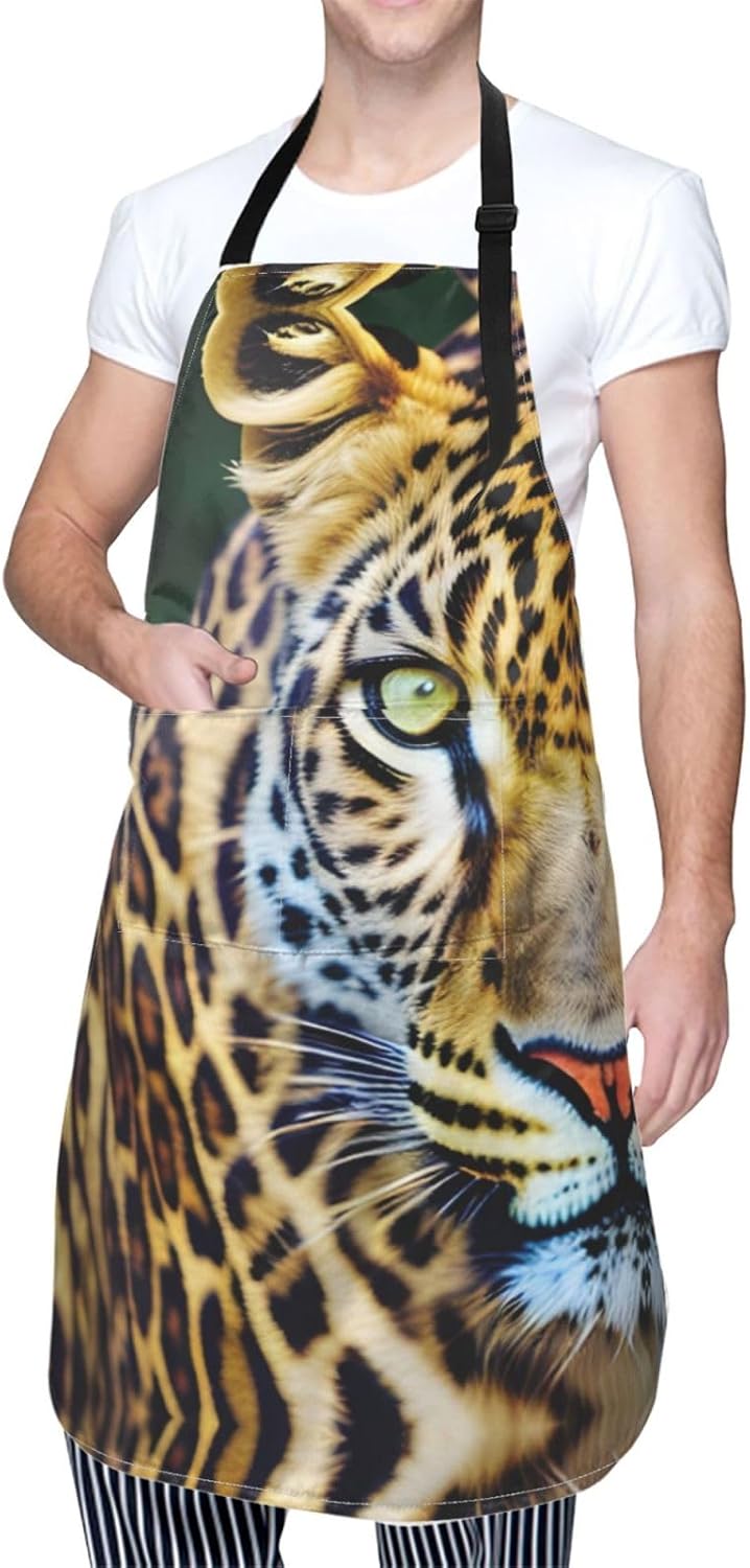 Yellow leopard print print Waterproof chef's apron with pocket apron for kitchen cooking baking barbecue and gardening