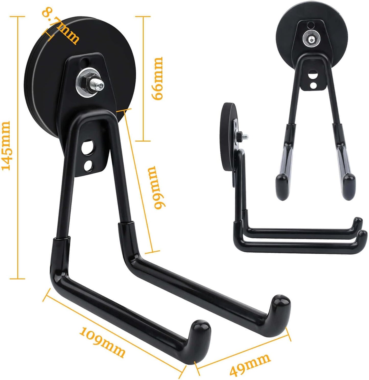MIN CI 2 Pack Magnetic Hooks, Large Manget with Hooks, 2.59" (66 mm) Magnetic Hooks Heavy Duty for Hose, Jig Saw, Circular Saw,Workshop Organization, Tool Hooks for Hammer Drill, Garden Tool, Black