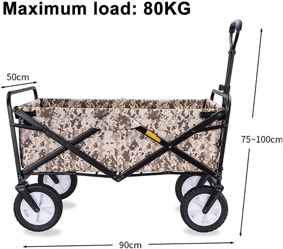 Folding Camping Wagon/Cart-Collapsible Sturdy Steele Garden/Beach Wagon/Cart Heavy Duty Utility Transport Cart 80Kg Max Load for Outdoor/Festivals/Camping Shopping Trolley(C:Gray)(H:Brown)/H:Brown