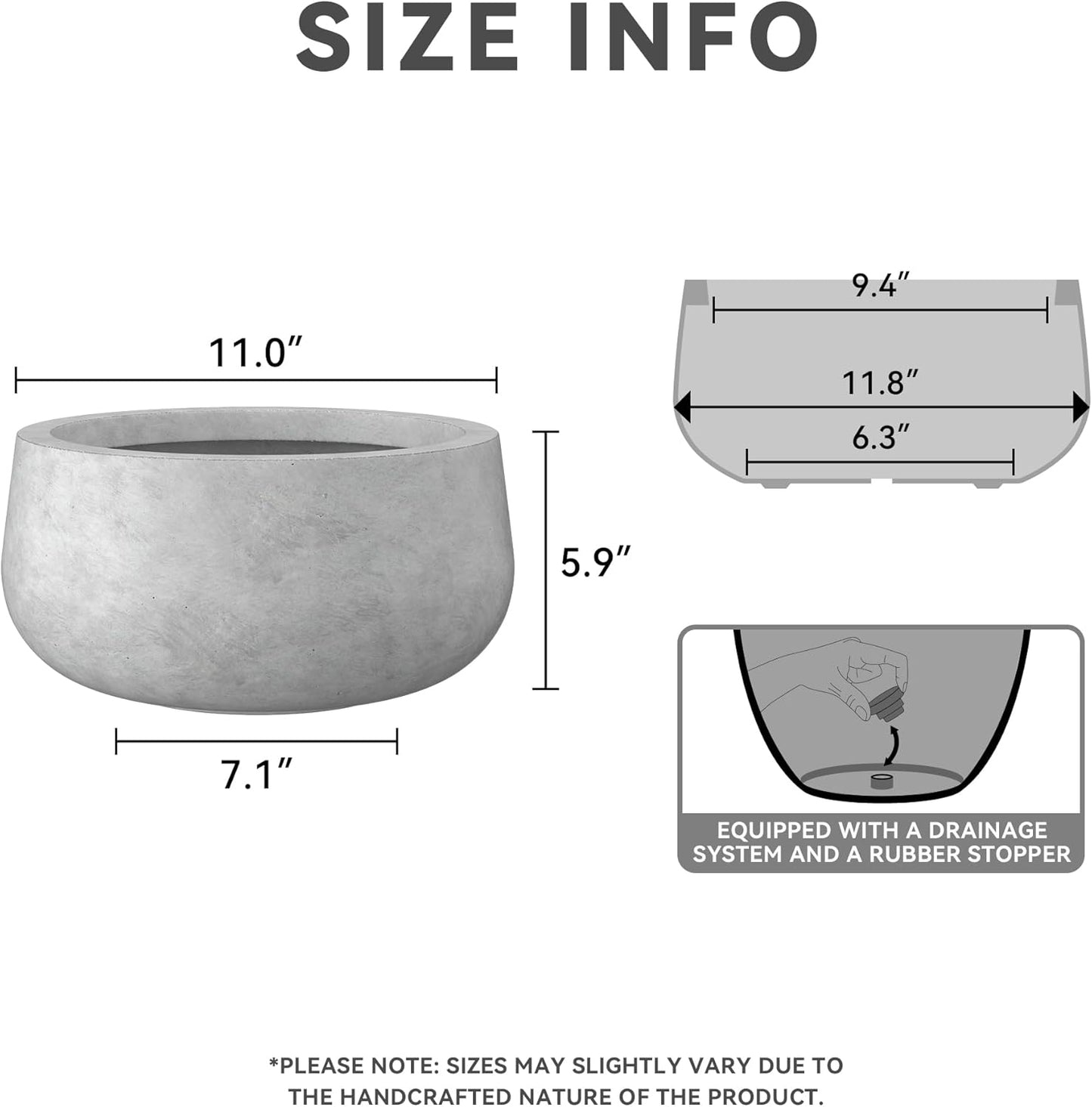 Kante 11.8" Dia Round Concrete Planter, Cement Plant Pots with Drainag