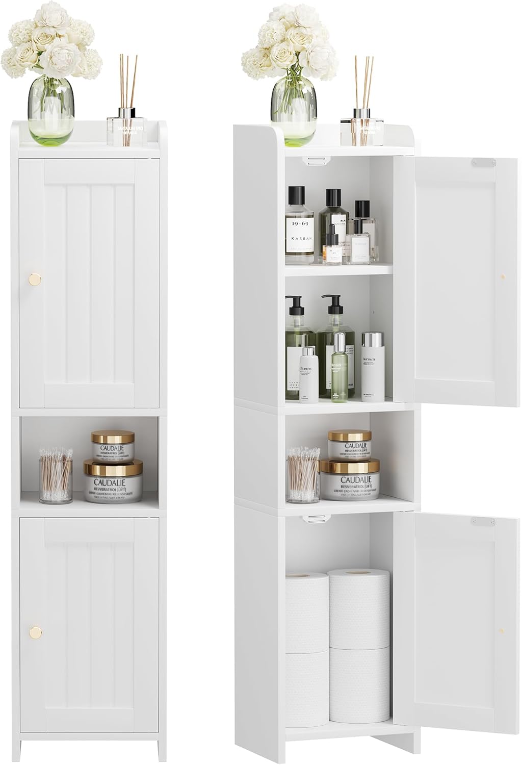 Bathroom Cabinet with 2 Doors, 7.3 x 9.8 x 40.4 Inches, Small Freestan