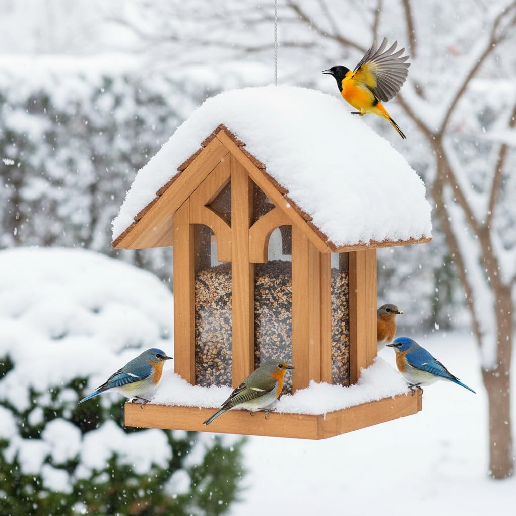 Large Bird Feeder for Outside Clearance, Hanging Birdfeeder for OutdoorCedar Wood Wild Bird Feeder- Holiday Delight, 10 Lbs Seed Capacity Wood Birdfeeder. (Chalet)