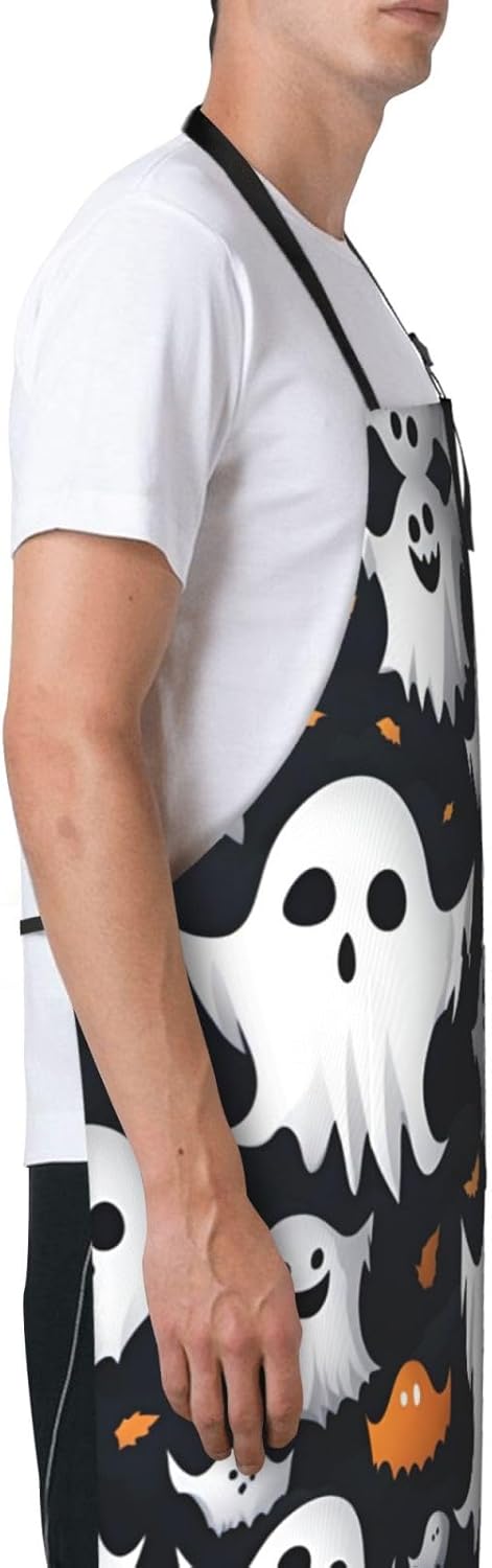 Cute White Ghost Halloween Pattern print Waterproof chef's apron with pocket apron for kitchen cooking baking barbecue and gardening