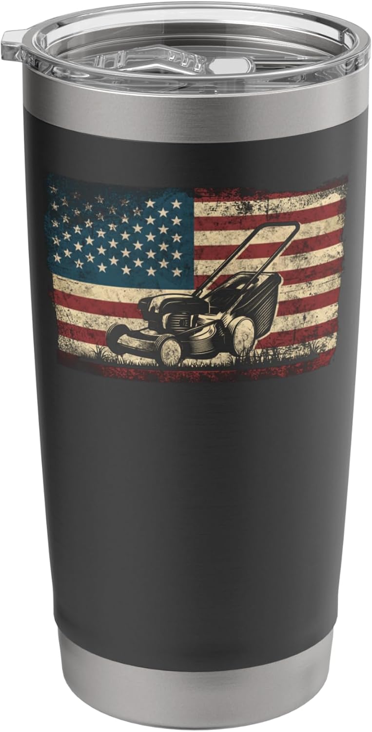 Lawn Mower Mowing Dad Father Landscaper Usa American Flag Stainless Steel Insulated Tumbler