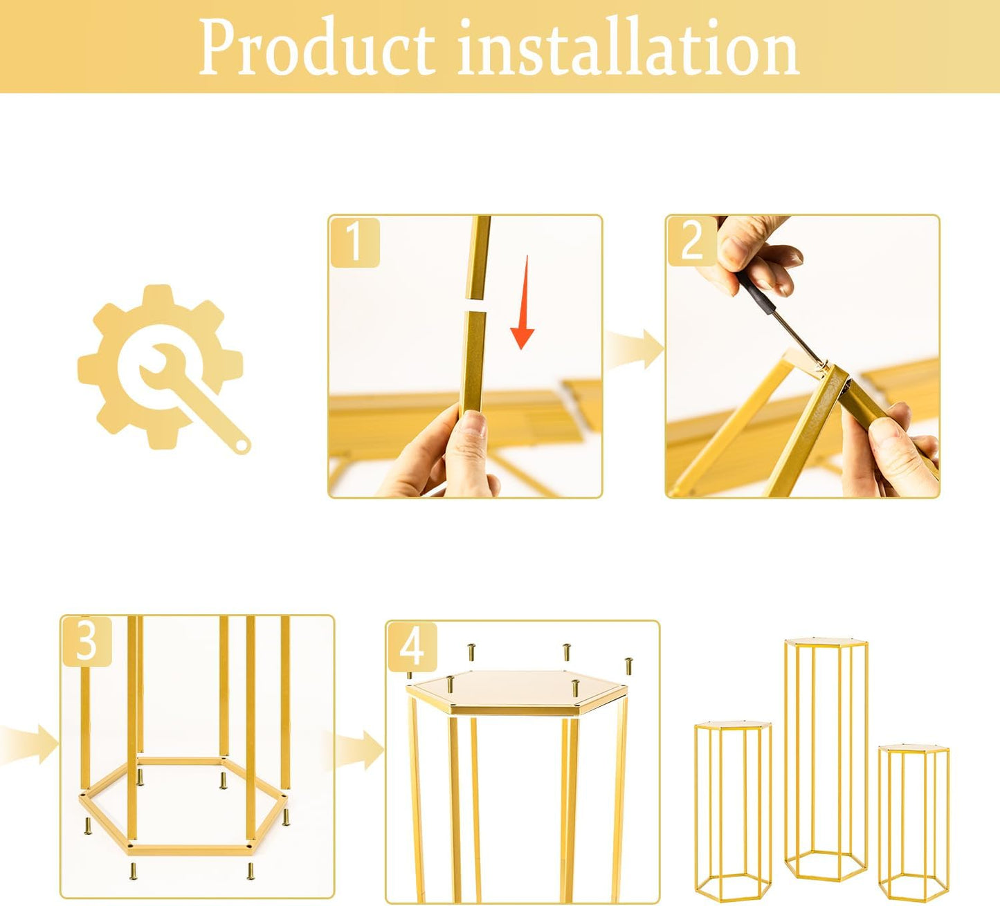 Set of 3 Metal Cylinder Stands for Party Centerpieces, Hexagon Nesting Pedestal Stands, Gold Cake Flower Plant Display Stands, Tall Columnar Vases for Birthday Party Event Home Wedding Decor (Gold)