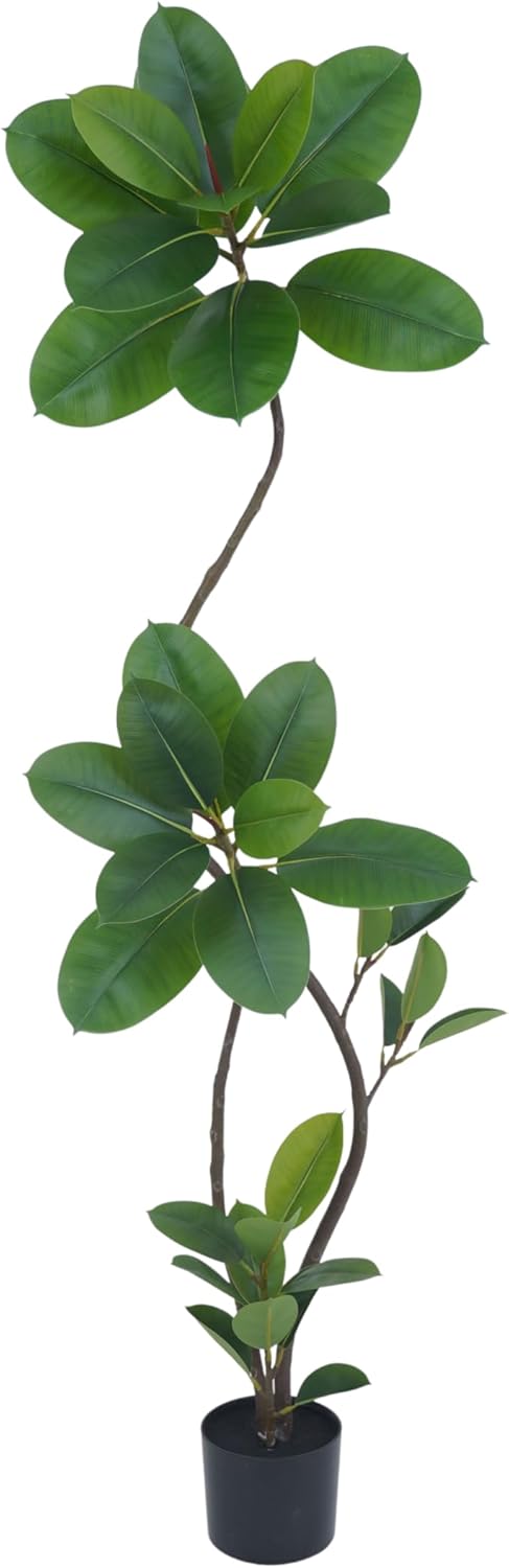 Artificial Rubber Tree Plant, 6ft Tall, Black with Round Planter, All Season Home Decor (Green,6ft)