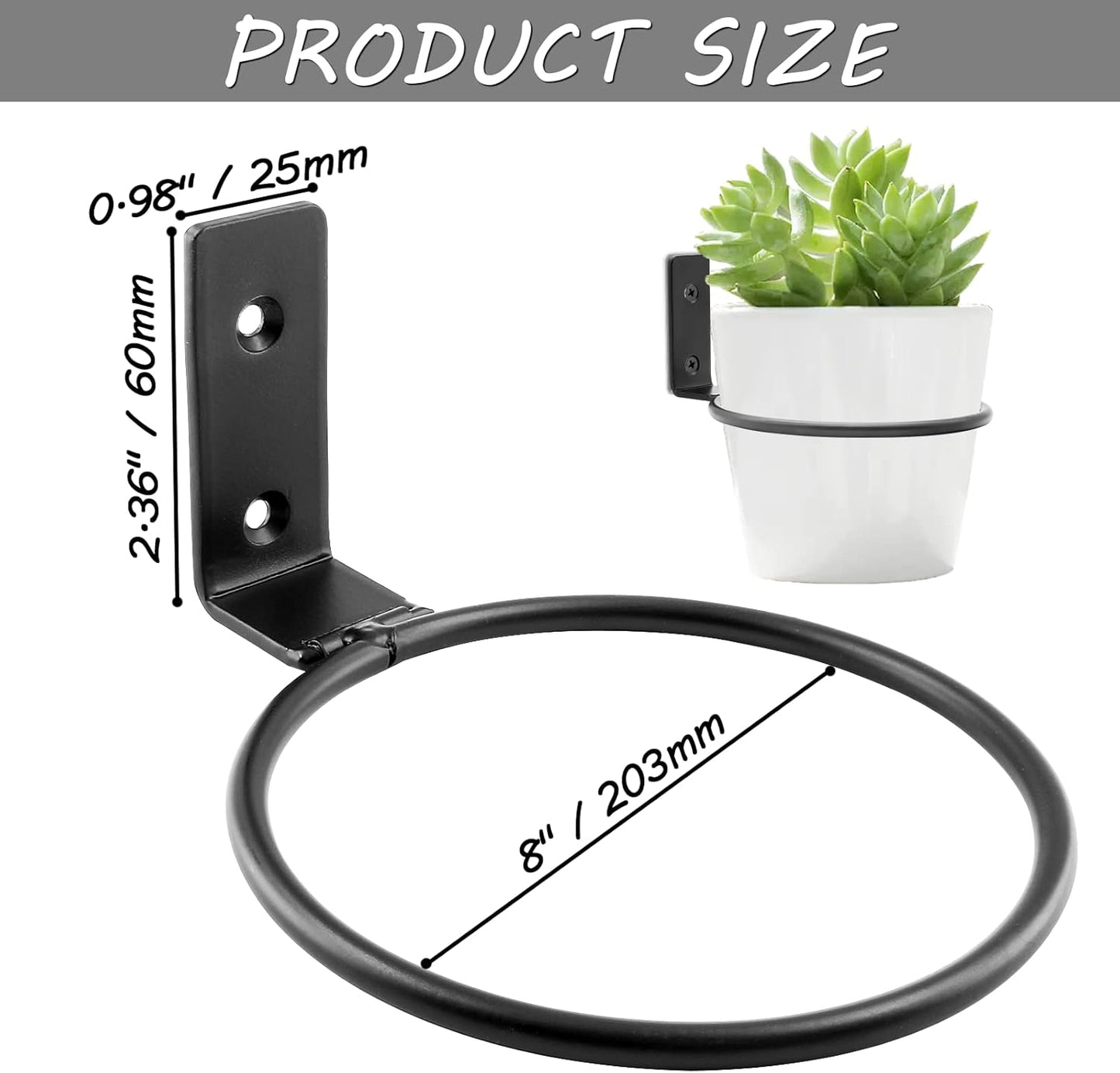 2 Pack 8 inch(203mm) Flower Pot Holder Ring, Flower Pot Holder Ring Wall Mounted Set Wall Mounted Metal Planter Hanger Matte Black Hanging Plant Holder