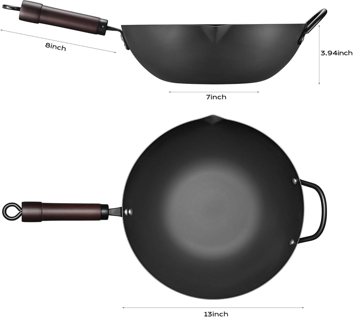 Wok, 13 Inch carbon steel woks & stir-fry pans nonstick, Pre-Seasoned 