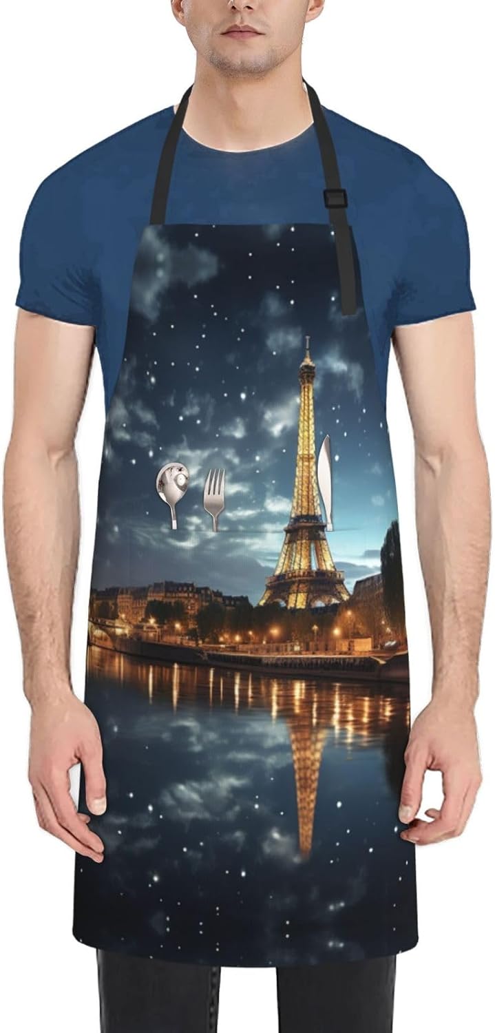 Eiffel tower print Waterproof apron with pocket adjustable cooking apr