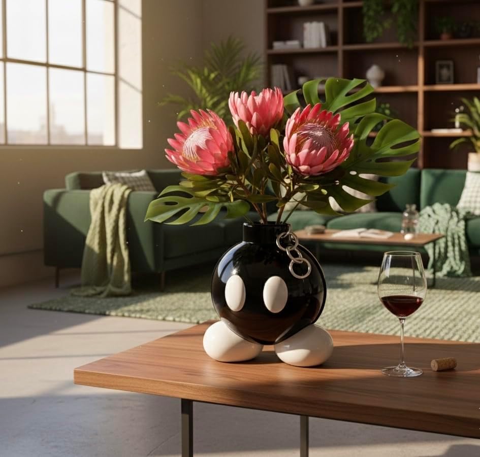 Ceramic Bomb Vase – Unique Cartoon Face Decorative Flower Pot, Modern Black & White Sculpture Planter for Home, Office, Living Room, Entryway & Gift Décor
