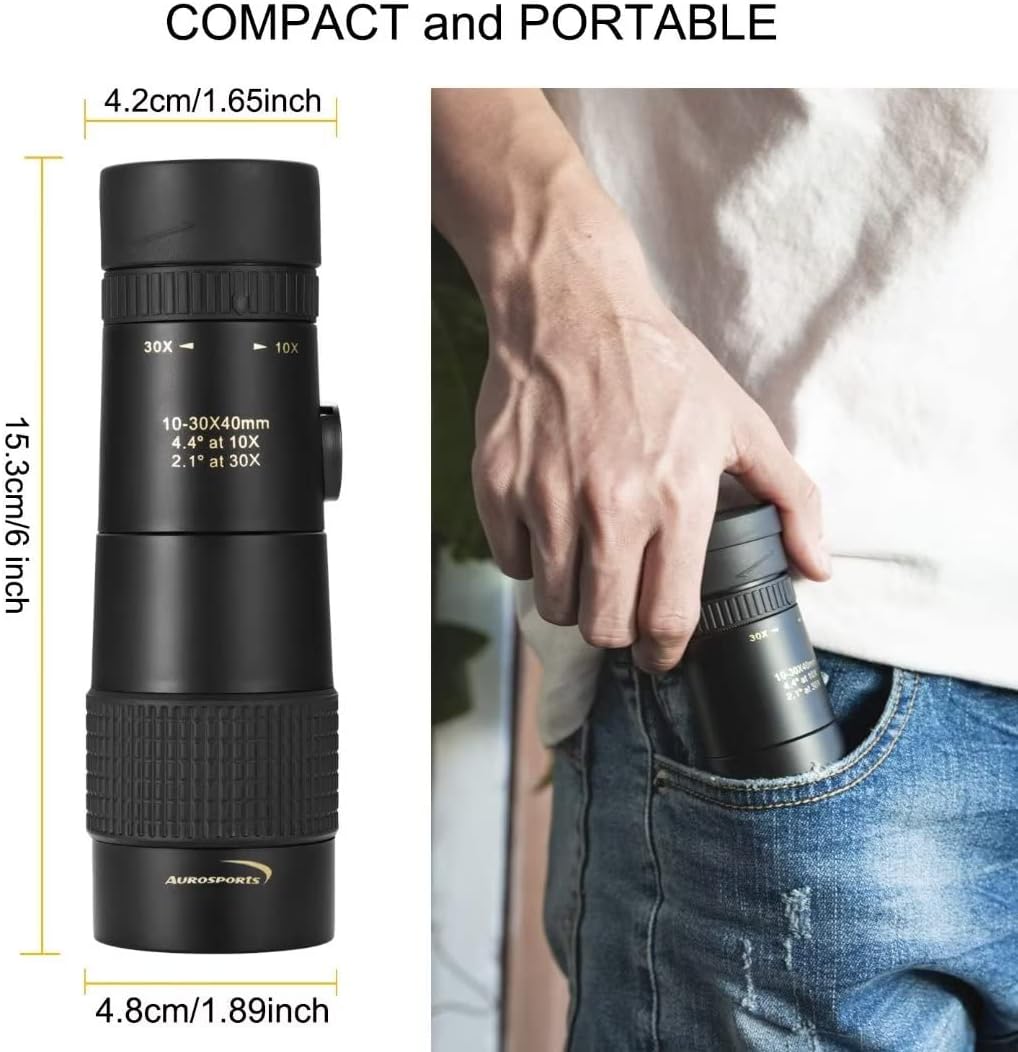 Aurosports 10-30x40 Zoom Monocular for Adults, Monocular Telescope High Power with Bak4 Prism, Compact Monoculars for Bird Watching Traveling Hunting Camping - Gift for Men
