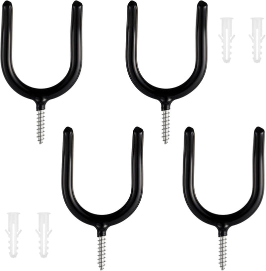 4PCS Screw in U Shaped Hook, Wall Mount Garage Storage Organizer Hanger U Hooks with Box for Hanging Garden Tools, Black