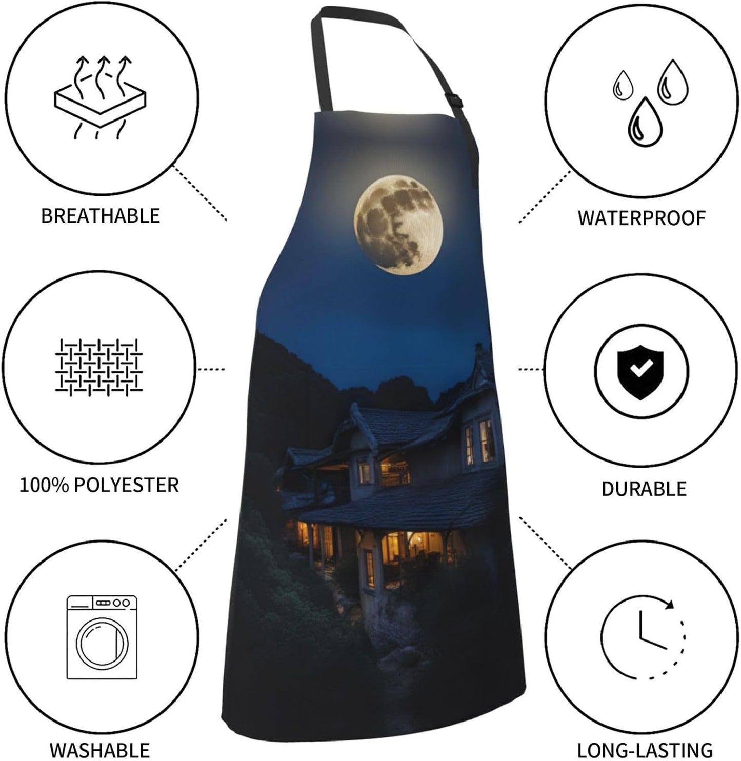 Full Moon in Night print Waterproof chef's apron with pocket apron for kitchen cooking baking barbecue and gardening