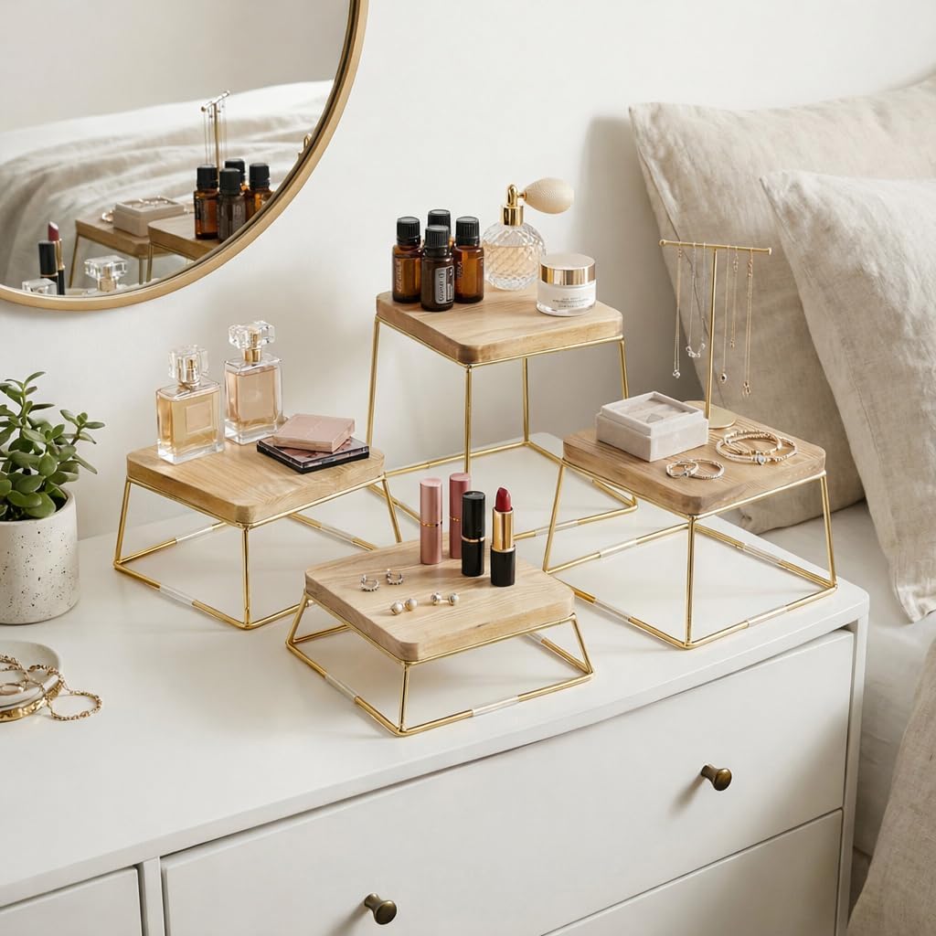 MyGift Gold Food Risers for Display Party, 4-Piece Wood Square Buffet Dessert Stands, Tiered Wooden Riser Set for Pizza, Cupcakes, Ornaments, Perfume or Retail Display