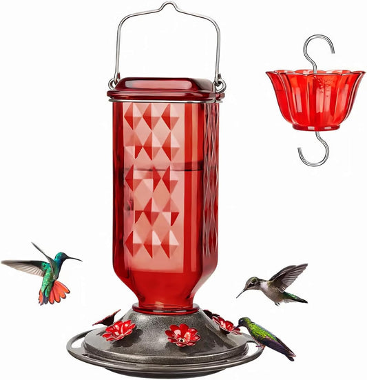 Hummingbird Feeder for Outdoors Hanging Leak Proof Glass Hummingbird Feeders with Ant Moat Bee Guard, 6 Metal Feeding Ports with Perches,Easy to Clean Bird Feeder Gifts for Garden Decor Backyard Patio