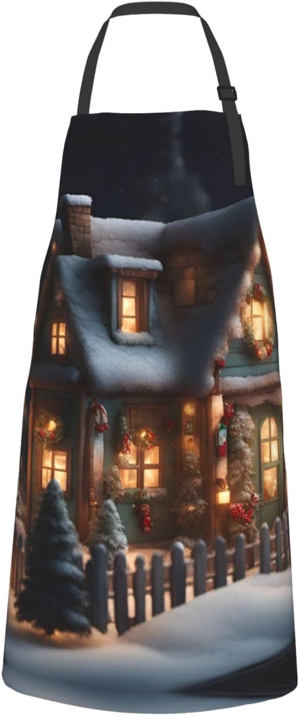 Christmas Village House 4 print Waterproof chef's apron with pocket apron for kitchen cooking baking barbecue and gardening